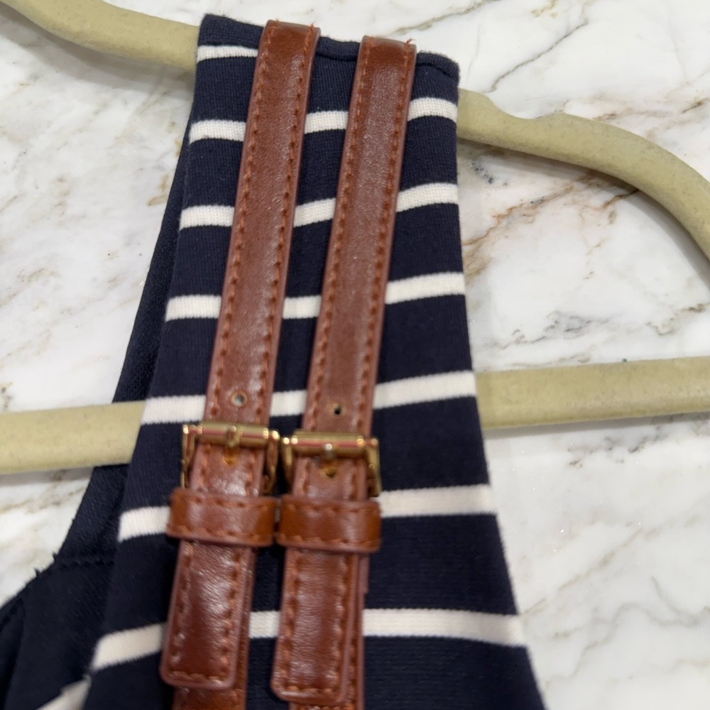 Michael Kors Navy and White Striped Dress with Brown Accents - Picture 2 of 3